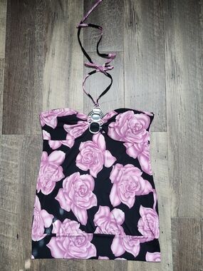 Vanity Black & Pink Rose Halter Tube Top